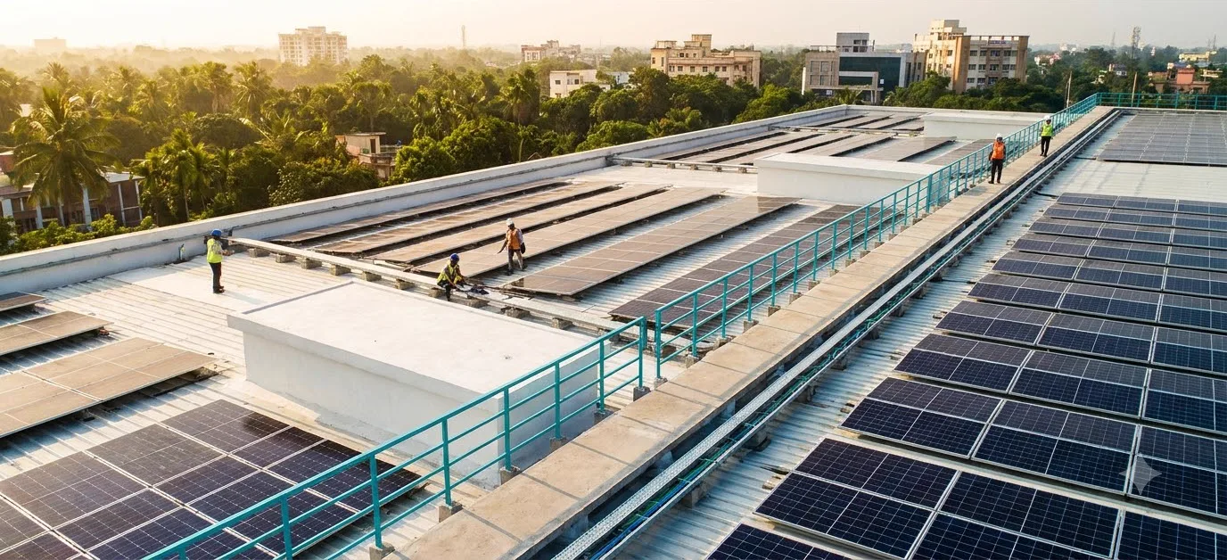 Technicians working across a large commercial metal roof covered in panel rows, with a teal safety railing.