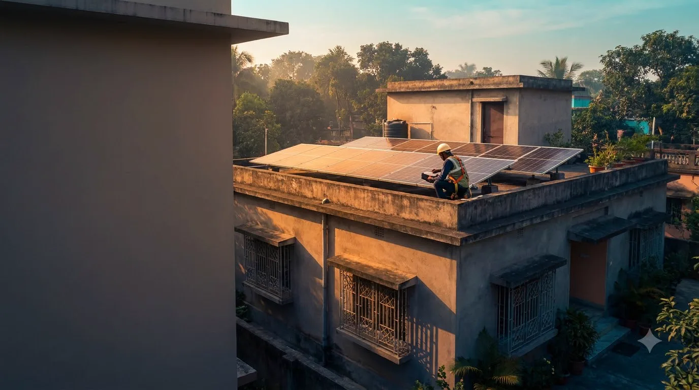 A technician kneeling on the parapet of a residential rooftop array, warm early light across the neighbourhood.